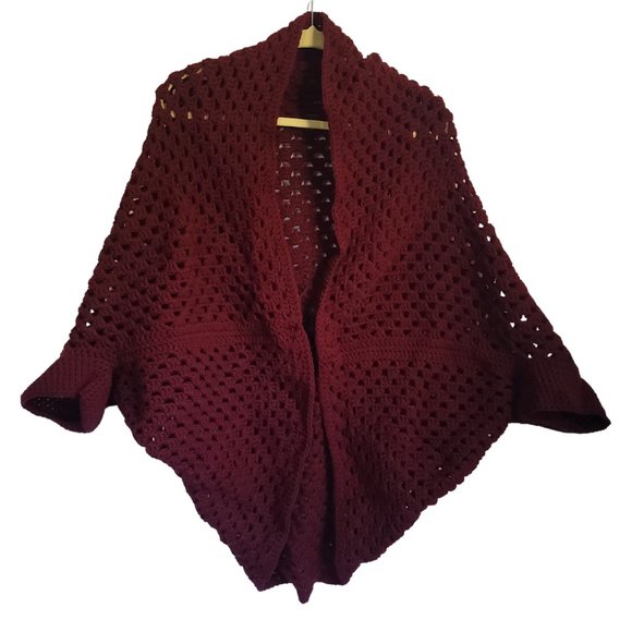 Vintage Sweaters - Bohemian Women's Deep Cranberry Hand Knitted Shrug Cardigan Large to Extra Large